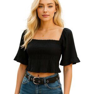 Free People Black Smocked Top Dolman Sleeve Medium